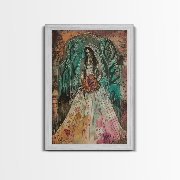 Skeleton Bride with Floral Bouquet Framed Canvas Print | Halloween Bride Art | Spooky Bride Decor for Home | Macabre Halloween Artwork