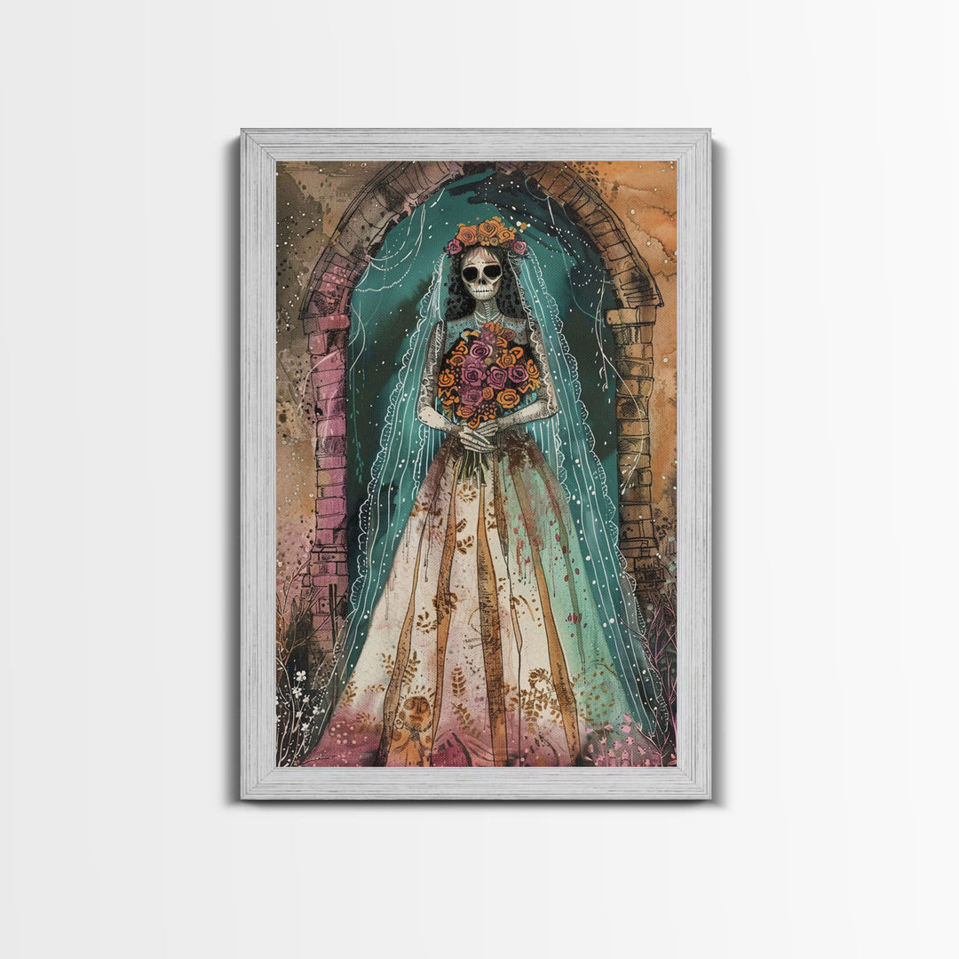 Skeleton Bride in Floral Arch Framed Canvas Print | Halloween Bride Art | Spooky Bride Decor for Home | Gothic Wedding Artwork