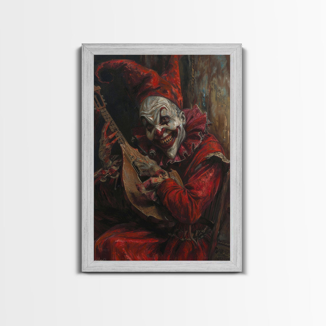 Sinister Clown with Blood-Stained Mandolin | Halloween Wall Art | Spooky Home Decor | Creepy Clown Mandolin Painting | Framed Canvas Print