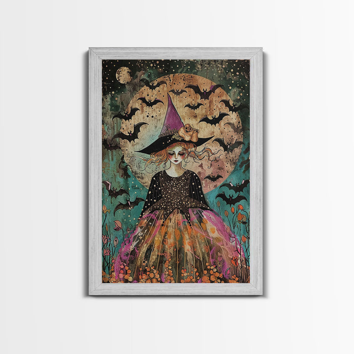 Whimsical Witch with Bats Under Full Moon, Framed Canvas Print, Spooky Halloween Art, Witch Decor, Magical Night, Enchanted Home Decor