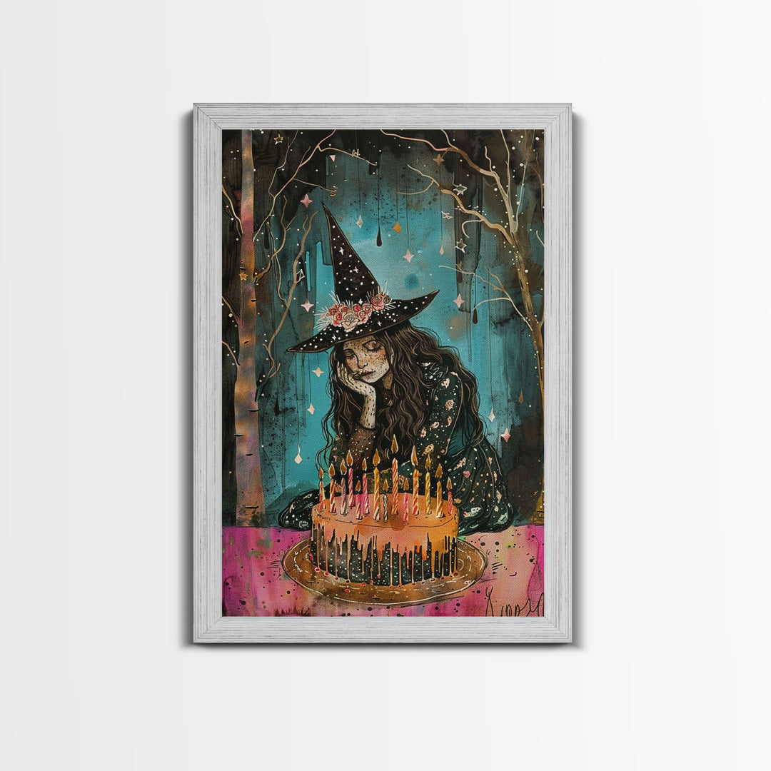 The Sad Birthday Witch, Witch With Birthday Cake Framed Canvas Print, Melancholy, Halloween Decor, Witchy Art, Cottagecore Decor