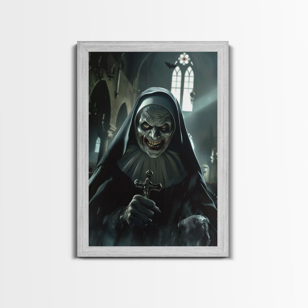 Sinister Nun with Crucifix in Haunted Church - Scary Halloween Themed Framed Canvas Print, Creepy Gothic Home Wall Decor