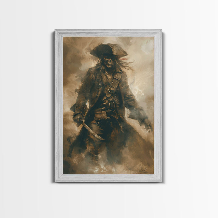 Skeleton Pirate Wielding Sword on Ghost Ship - Haunted Halloween Adventure Framed Canvas Print, Mysterious Gothic Wall Decor