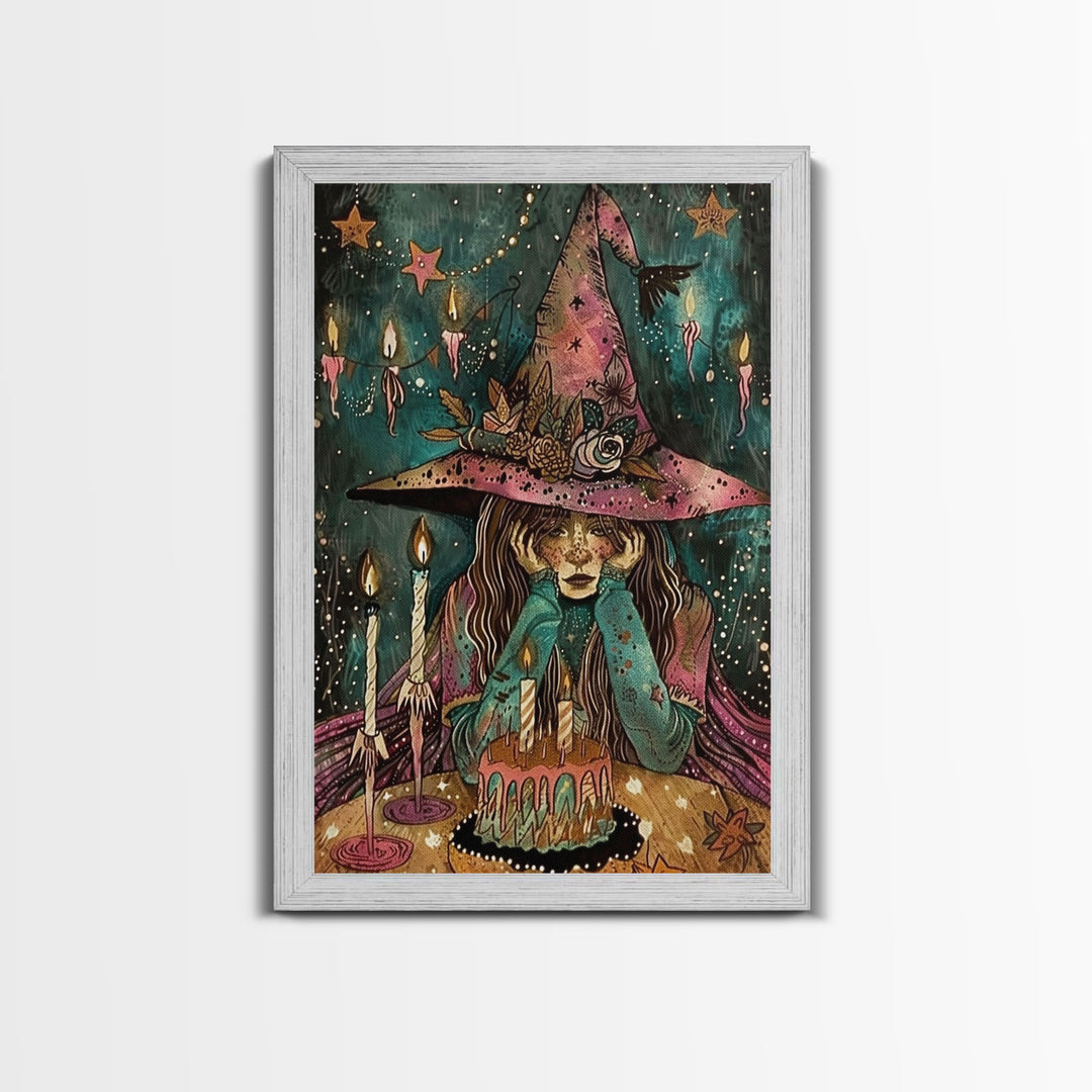 The Sad Birthday Witch, Witch With Birthday Cake Framed Canvas Print, Melancholy, Halloween Decor, Witchy Art, Cottagecore Colorful Art