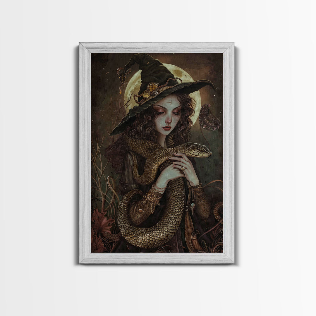 Witch Holding Snake under Full Moon - Dark Forest Sorcery Gothic Art Framed Canvas Print, Halloween Witchy Decor