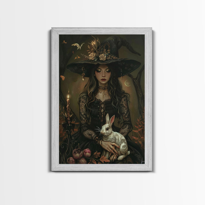 Witch with Bunny and Candles - Mystical Forest Enchantment Halloween Art Framed Canvas Print, Witchy Home Decor