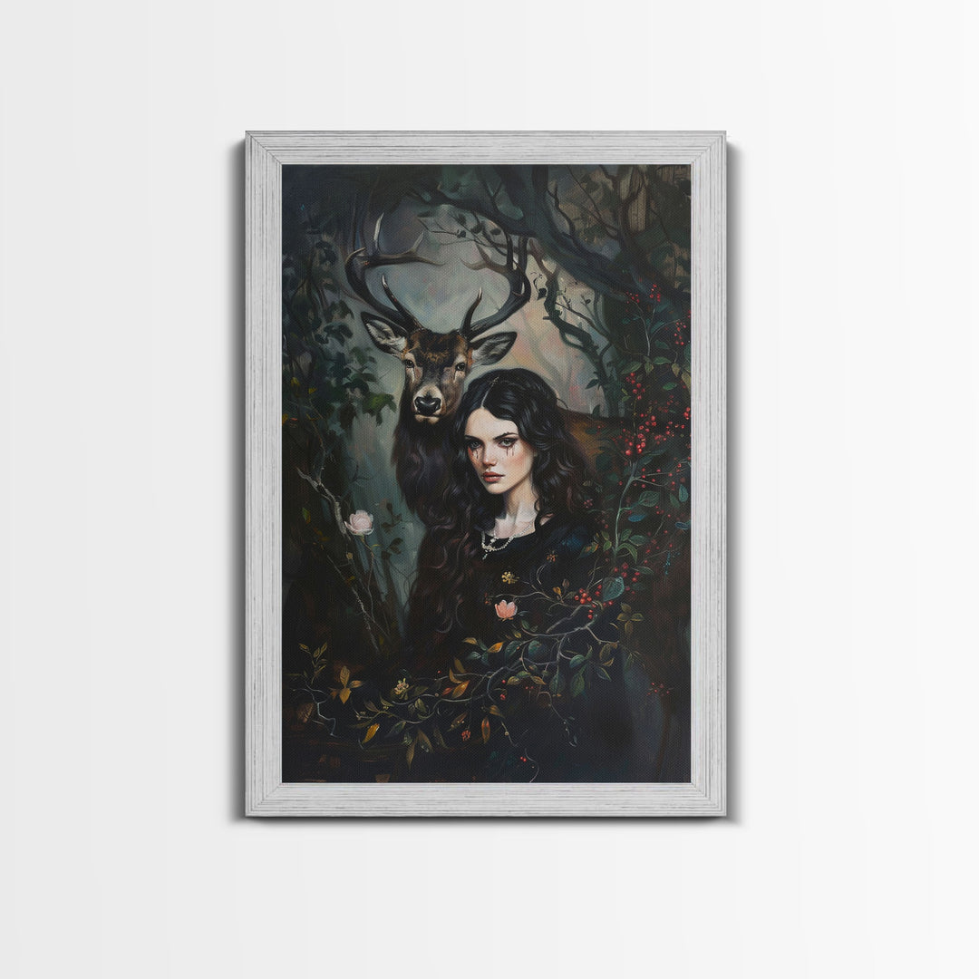 Woman with Deer in Enchanted Forest - Halloween Art, Gothic Art, Spooky Decor, Sinister Portrait, Haunted Forest, Framed Canvas Print