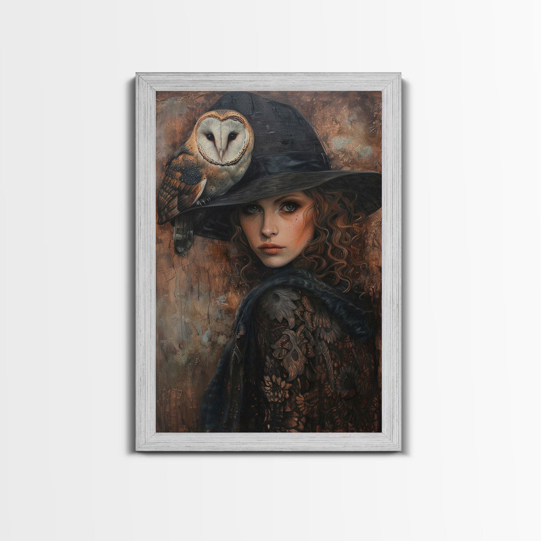 Witch with Crow in Spooky Forest - Halloween Art, Gothic Art, Spooky Decor, Dark Magic Art, Mysterious Portrait, Framed Canvas Print