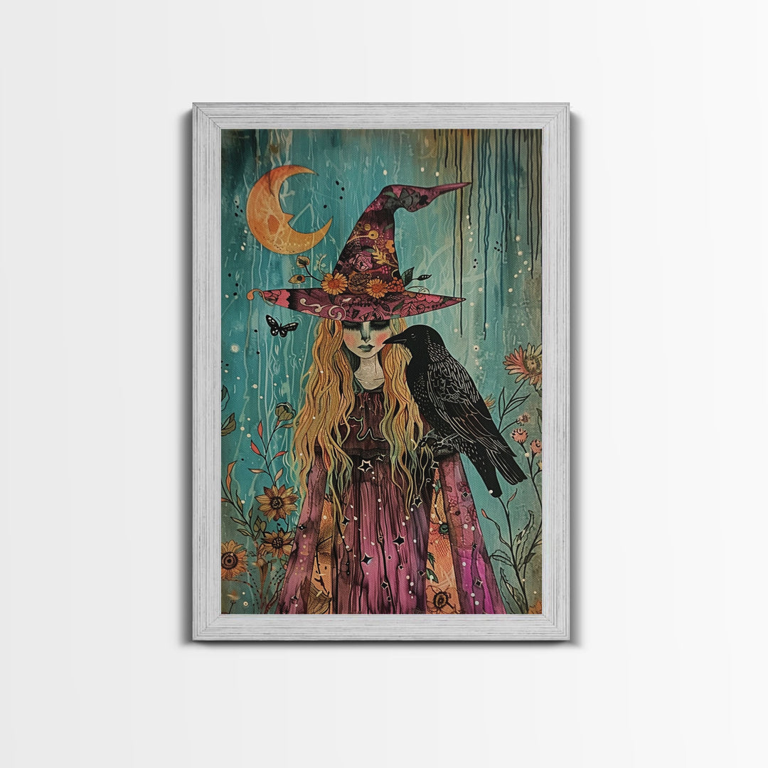 Witch with Owl in Magical Forest - Halloween Art, Gothic Art, Spooky Decor, Dark Magic Art, Enchanted Woods, Framed Canvas Print