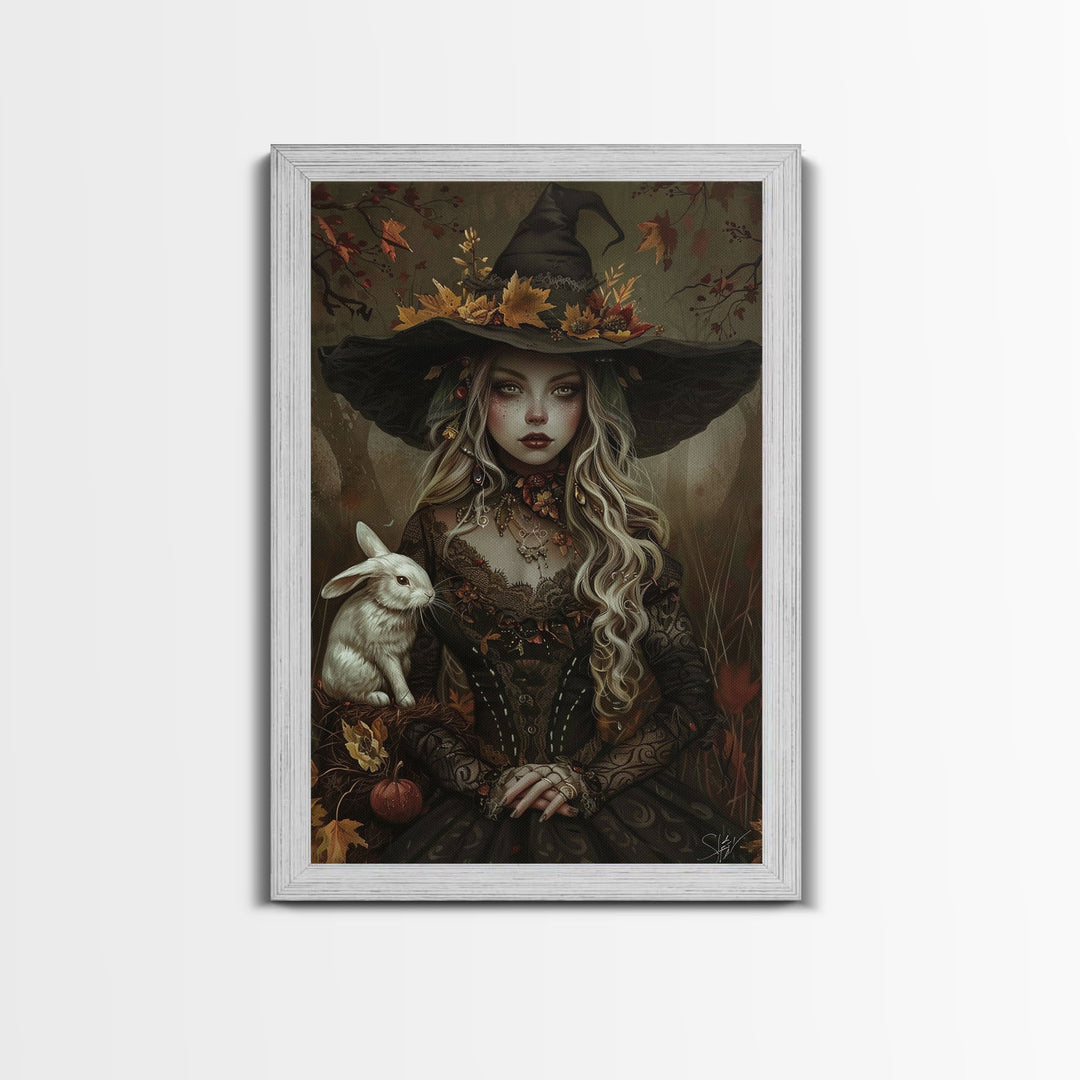 Summertime Witch Framed Canvas Print, Halloween Decor, Cottagecore Witchy Spooky Vibes