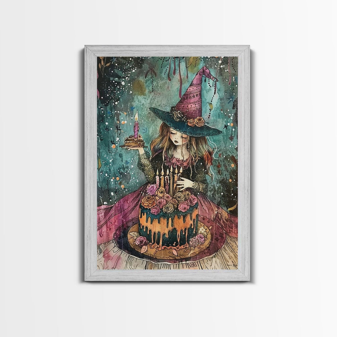 Witchy Birthday Party For One, Framed Canvas Print, Melancholy Witch Halloween Art