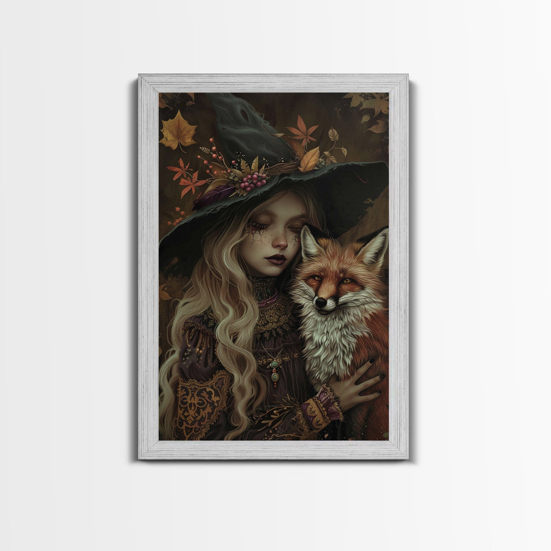 Spooky Halloween Witch Wall Art, Framed Canvas Prince, Halloween Decor, Halloween Gift, Spooky Season, Cottage Core Witch and Fox Familiar