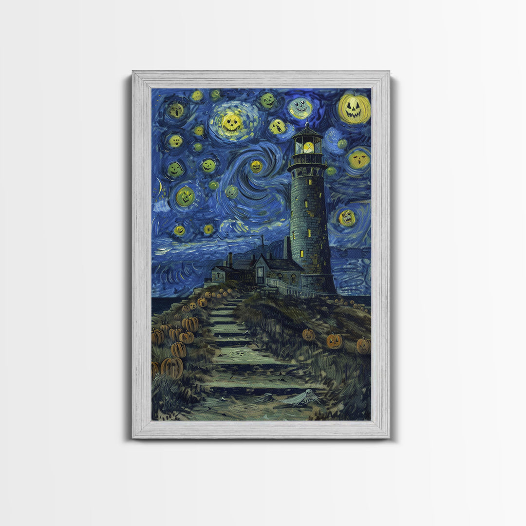 Starry Night Inspired Haunted Light House Framed Canvas Print, Van Gogh Inspired, Spooky Season Halloween Art