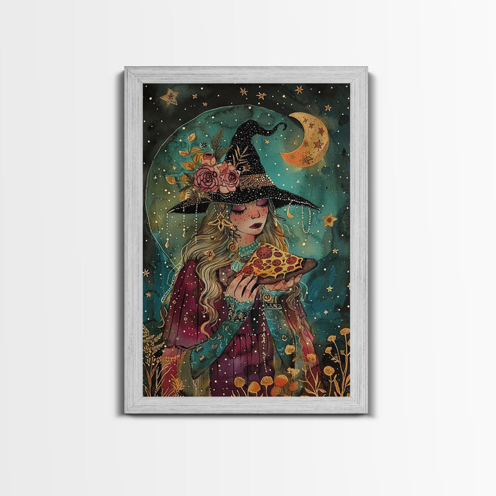 Summer Witch and Her Slice Of Pizza, Framed Canvas Print, Cute / Funny Halloween Art