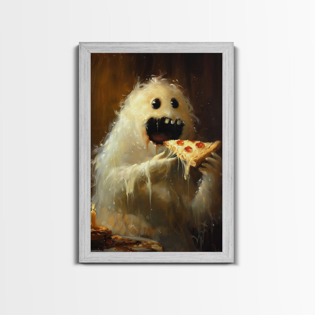 The Pizza Ghost, Framed Canvas Print, Funny Halloween Wall Art