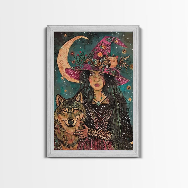 Spooky Halloween Witch Wall Art, Framed Canvas Prince, Halloween Decor, Halloween Gift, Spooky Season, Cottage Core Witch and Wolf Familiar