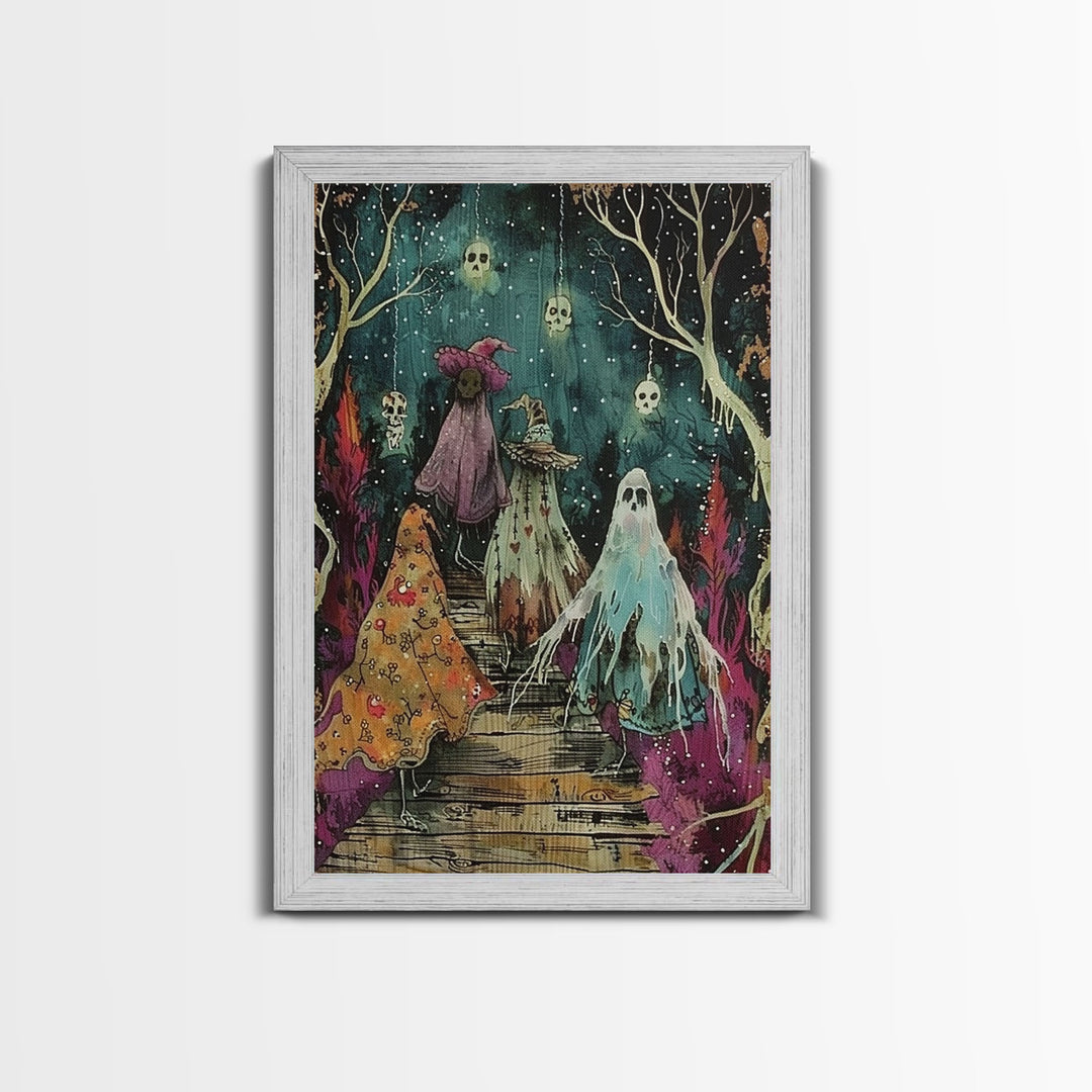 Spooky Trick Or Treaters Halloween Decor Framed Canvas Print, Cottage Core Mashup, Halloween Props, Spooky Vibes, Spooky Season Art