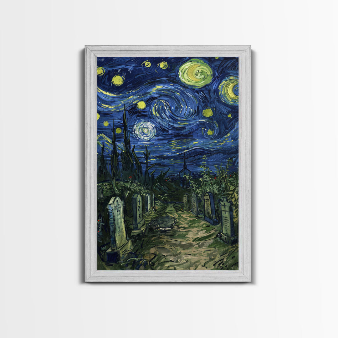 Starry Night Cemetery Framed Canvas Print, Halloween Wall Art, Gothic Art, Spooky Graveyard Decor, Van Gogh Style, Halloween Wall Decor