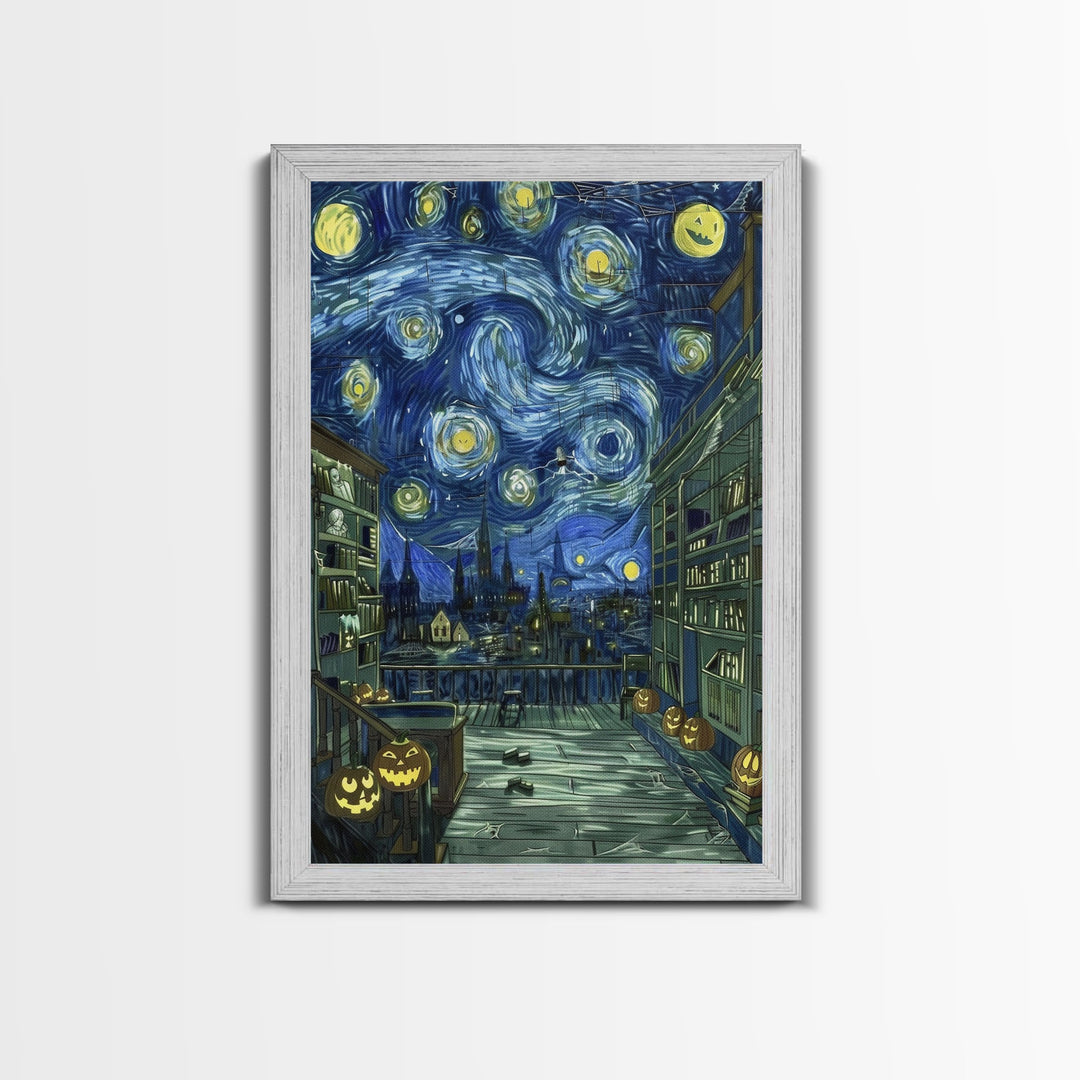 Spooky Night Train Arrival Framed Canvas Print, Halloween Wall Art, Haunted Train Artwork, Eerie Station Decor, Ghostly Home Art