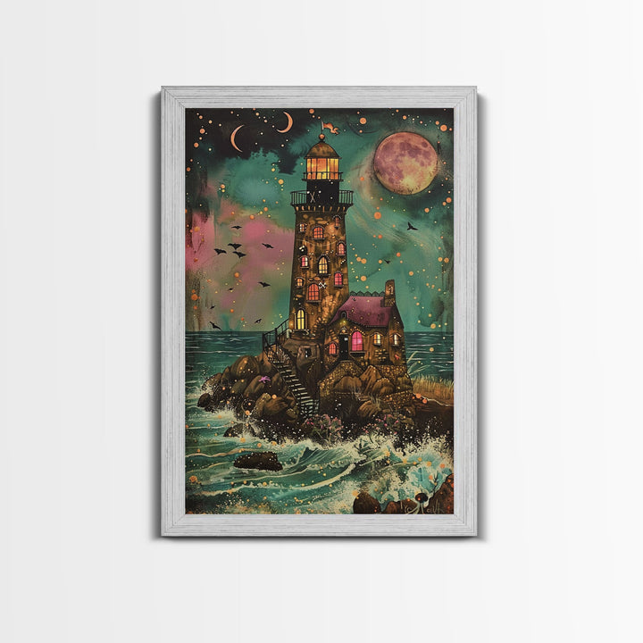 The Haunted Light House Framed Canvas Print, Retro Style Halloween Decor, Cottage Core Halloween Art