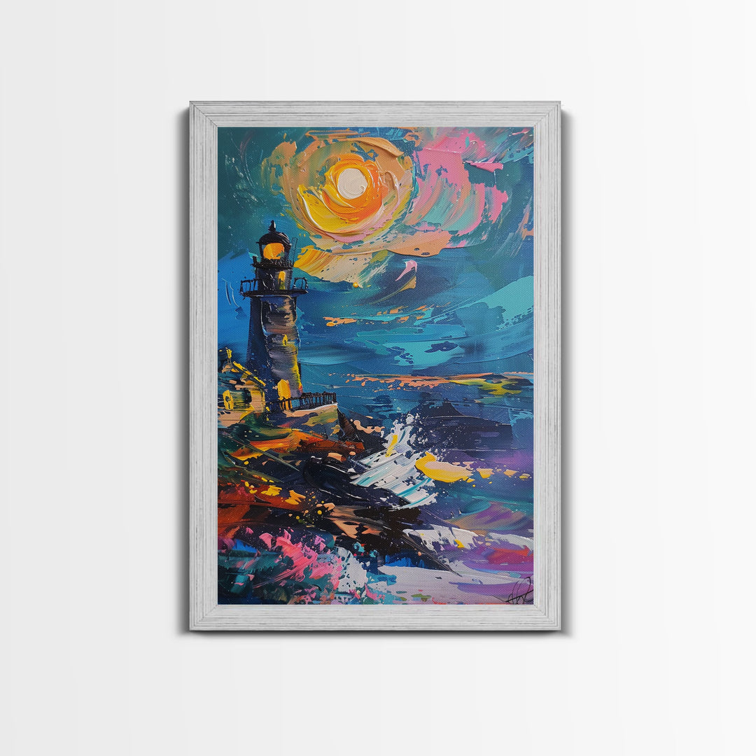 The Haunted Light House Framed Canvas Print, Impasto Style Halloween Decor, Cottage Core Halloween Art