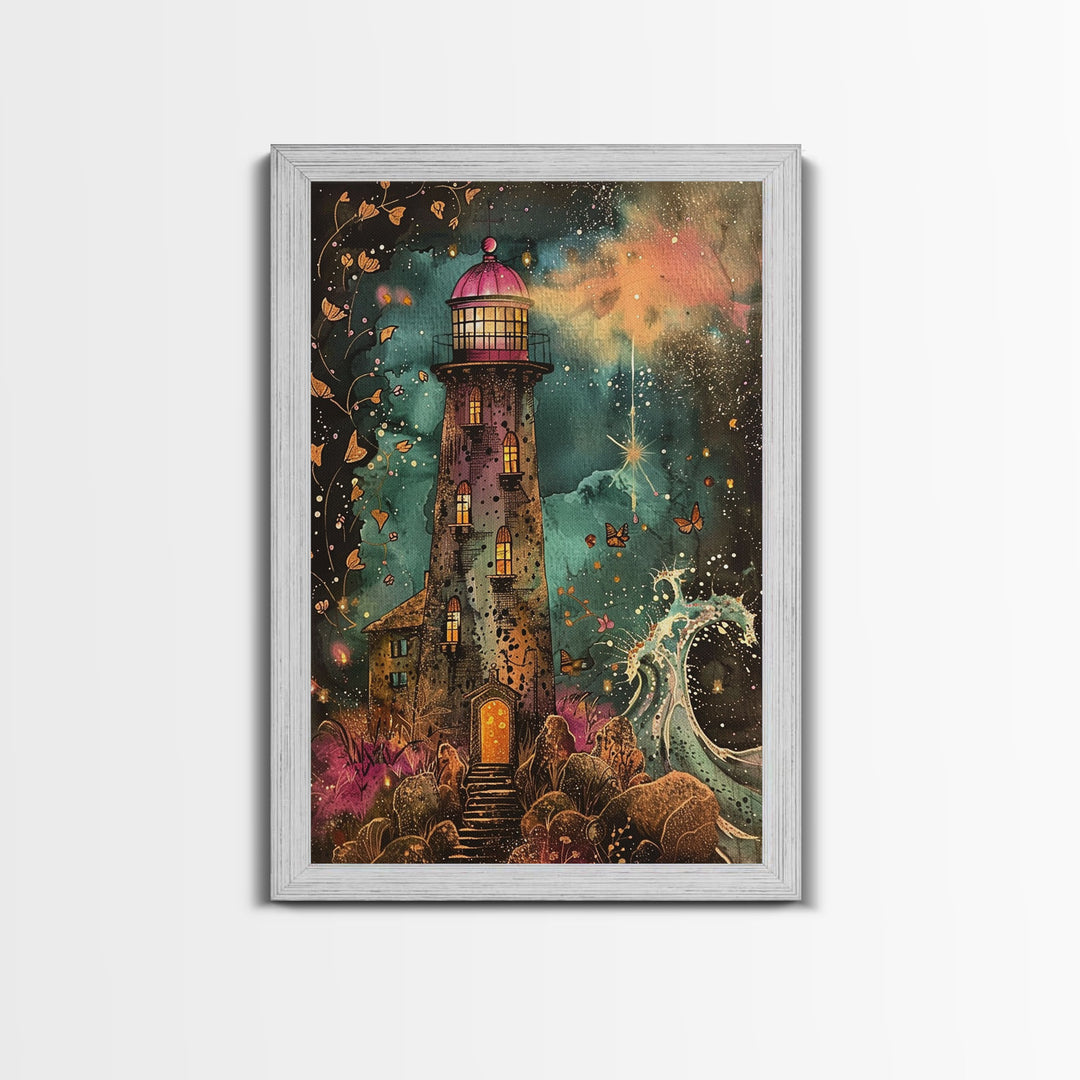 The Haunted Light House Framed Canvas Print, Retro Style Halloween Decor, Cottage Core Halloween Art