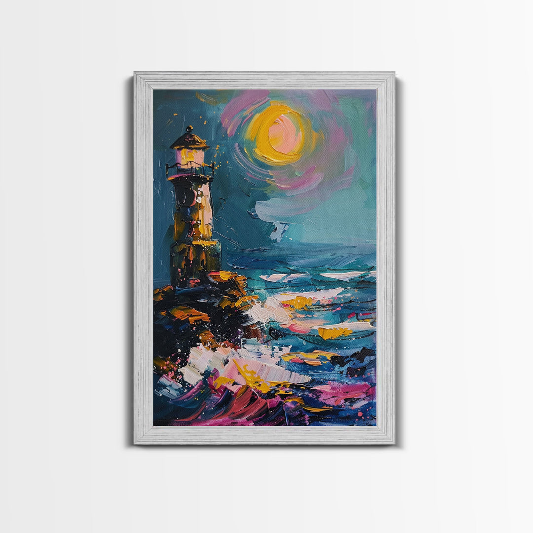 The Haunted Light House Framed Canvas Print, Retro Style Halloween Decor, Cottage Core Halloween Art