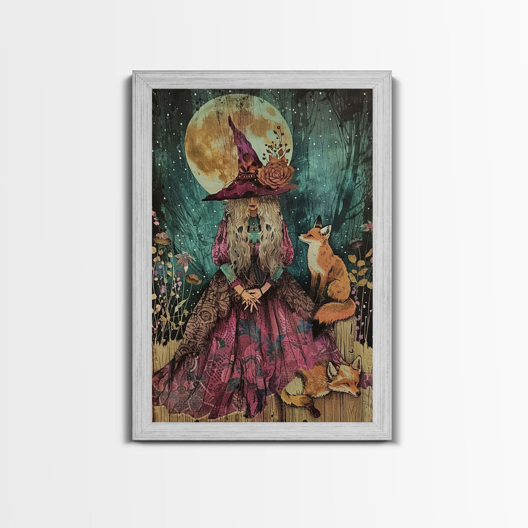 Spooky Halloween Witch Wall Art, Framed Canvas Prince, Halloween Art, Halloween Gift, Spooky Season, Cottage Core Witch and Fox Familiar