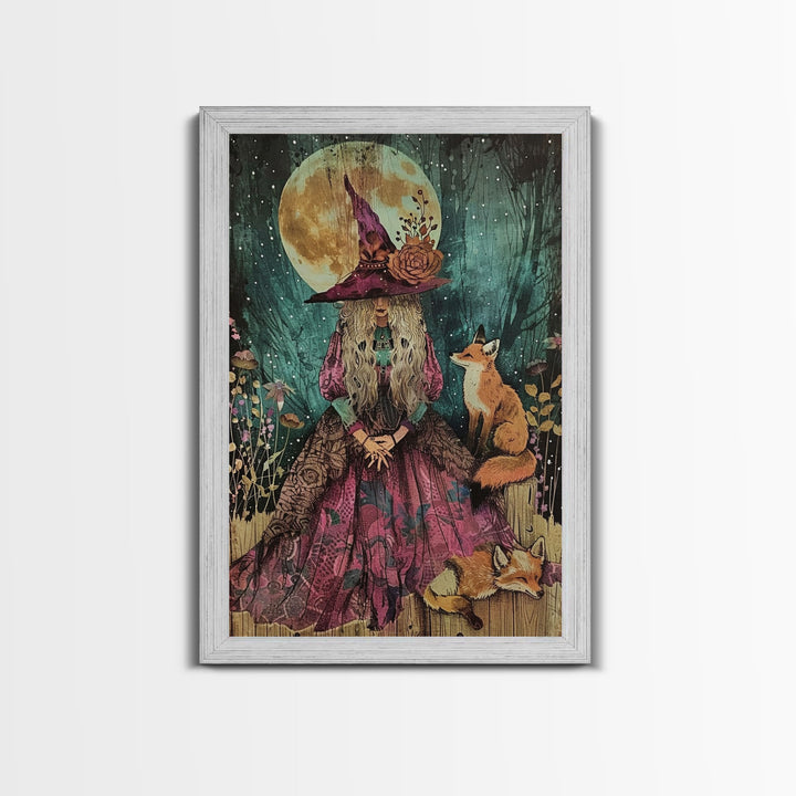 Spooky Halloween Witch Wall Art, Framed Canvas Prince, Halloween Art, Halloween Gift, Spooky Season, Cottage Core Witch and Fox Familiar