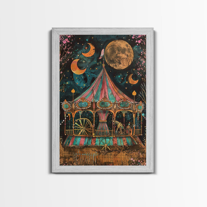 Spooky Haunted Carnival, Halloween Framed Canvas Print, Halloween Art, Springtime Cottage Core Halloween Mashup Decor