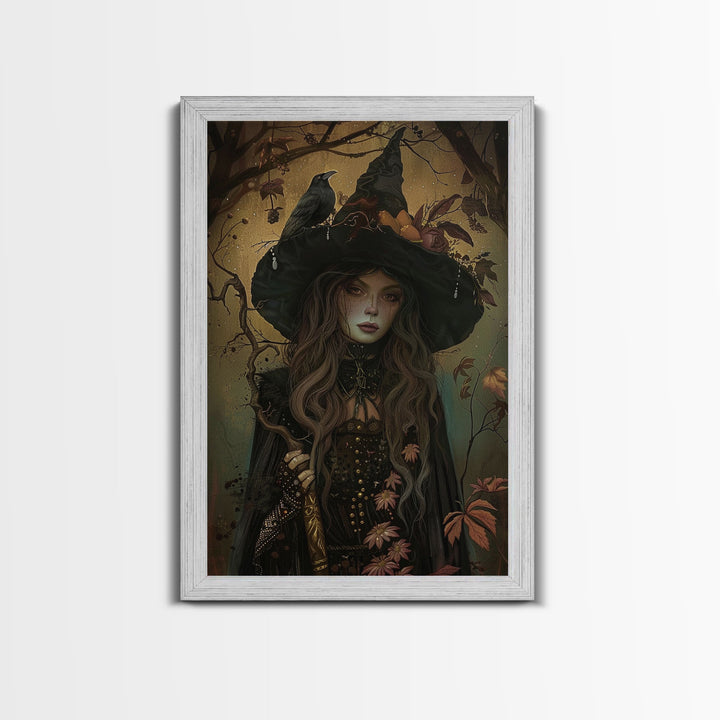 The Witch And The Raven, Framed Canvas Print, Raven Familiar, Victorian Witch Painting, Halloween Decor, Halloween Trinket, Spooky Wall Art