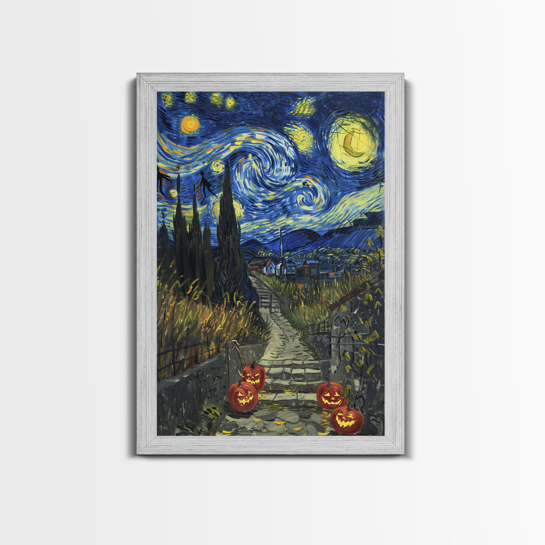 Spooky Starry Night Inspired Haunted Grave Yard Framed Canvas Print, Spooky Season Halloween Art