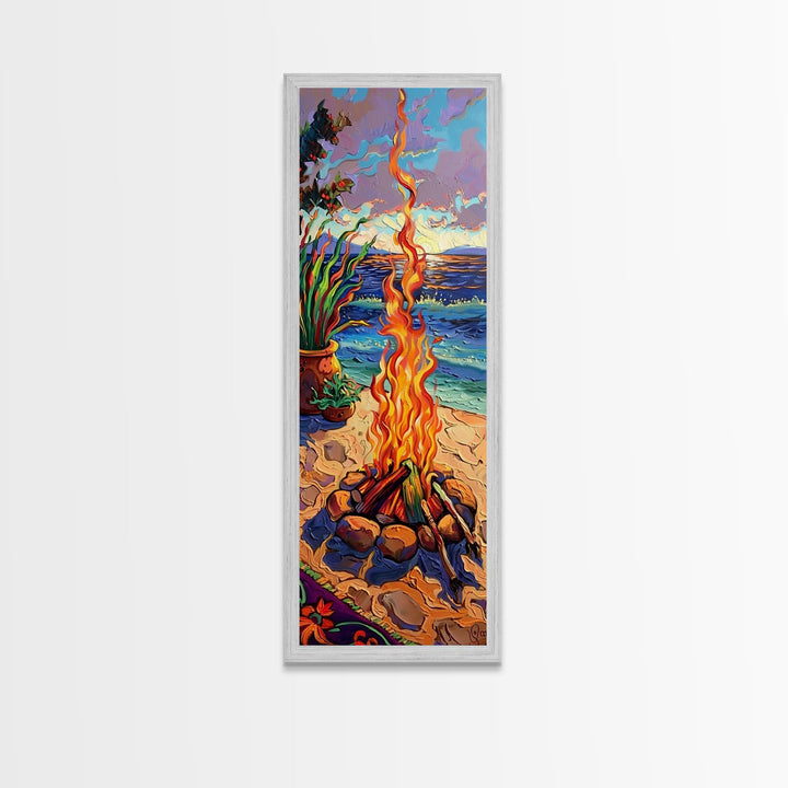 Abstract Canvas Painting of Campfire on Beach, Beachy Wall Art, Tall and Narrow Vertical Wall Art, Canvas Painting Printed and Framed