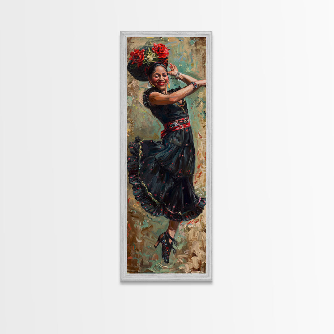 Mexican Inspired Textured Canvas Art of Flamenco Dancer, Spanish Oil Painting, Oversized Vintage Canvas Art Print, Tall and Narrow Art