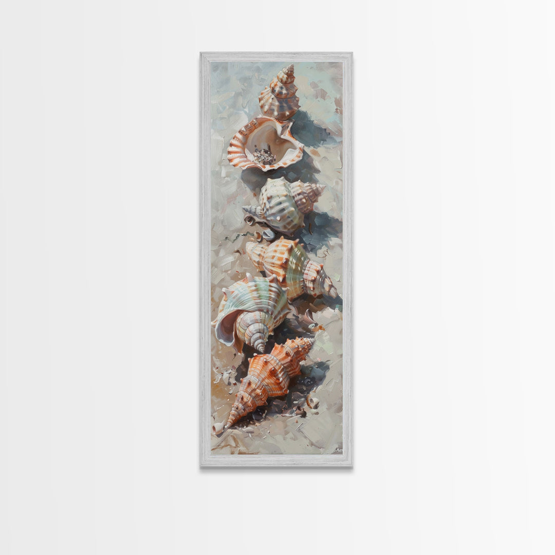 Vertical Printed Canvas Art of Seashells on Coast, Coastal Wall Art Print for Beach House, Beachy Decor, Large Wall Art, Framed Canvas Art