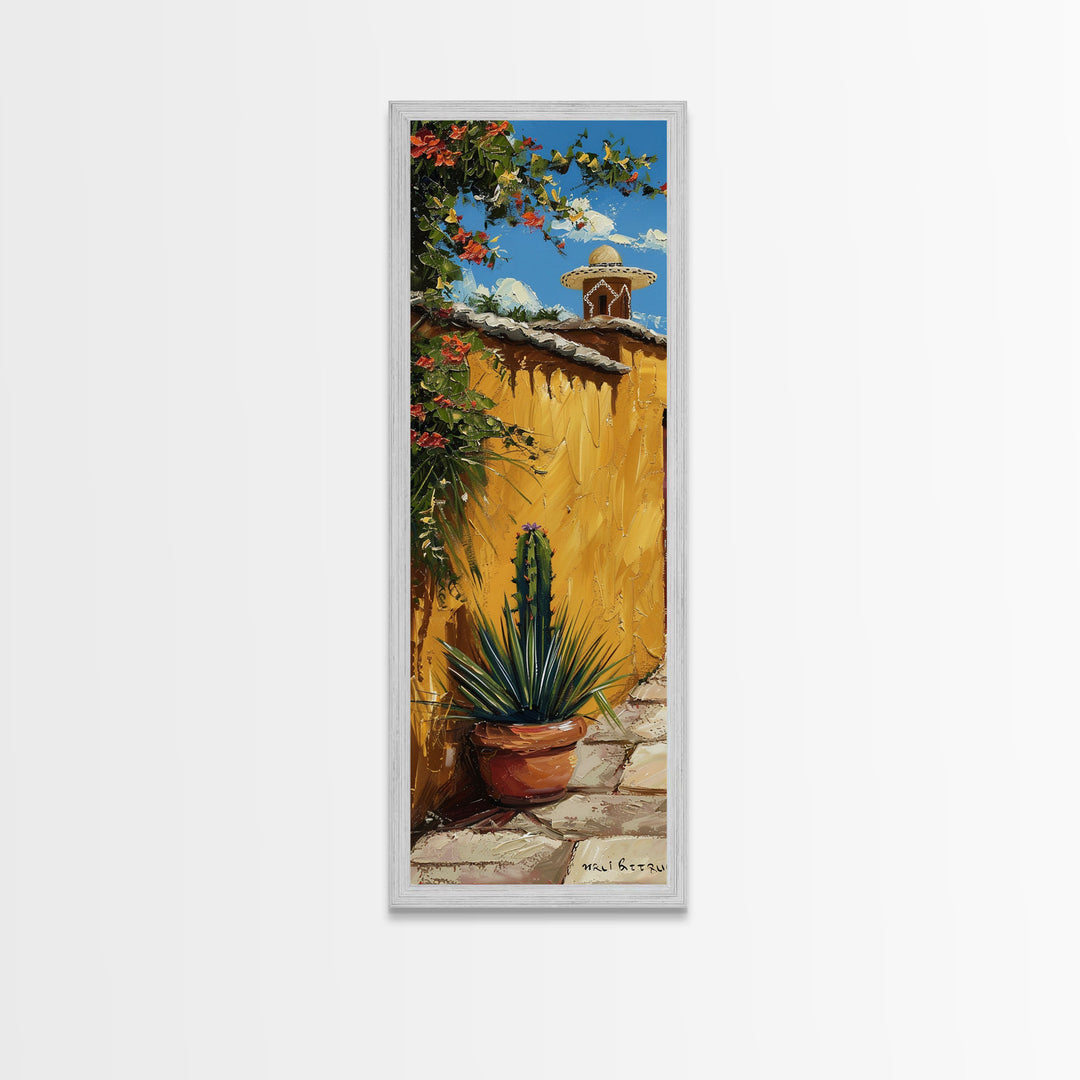 Mexican Inspired Impasto Canvas Painting Framed, Southwestern Wall Art, Tall and Narrow Wall Art, Framed Canvas Art for Living Room