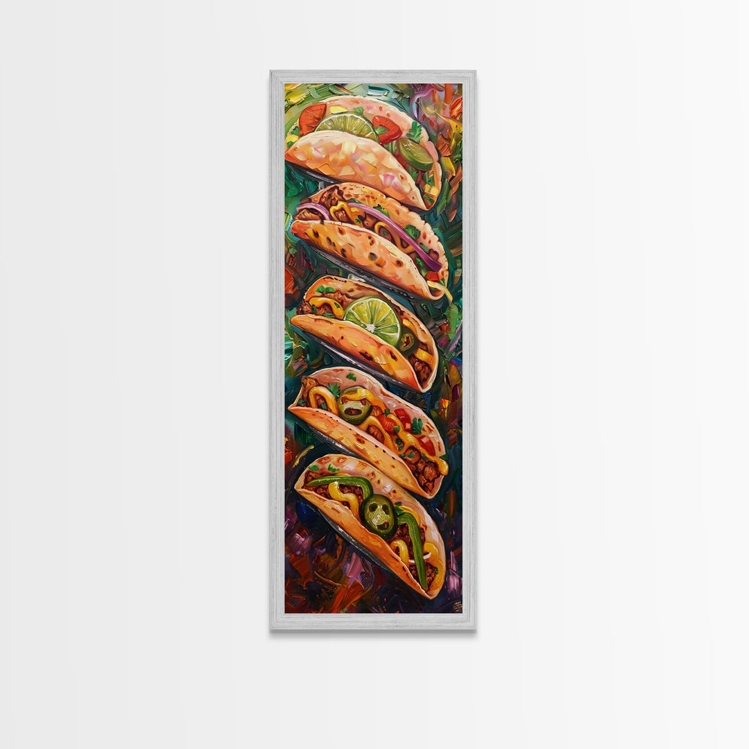 Taco Painting Framed and Printed on Canvas, Colorful Kitchen Wall Art, Mexican Inspired Food Art, Large Narrow Wall Art, Kitchen Decor