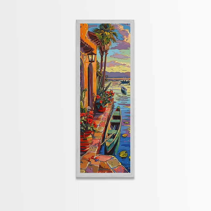 Long Narrow Vertical Wall Art Print of Beachside Landscape, Sunset Wall Art Print, Nautical Wall Art Framed on Canvas, Colorful Beach Art