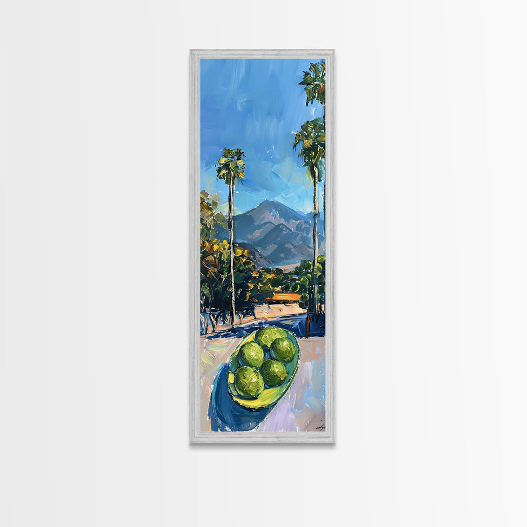 Tall and Narrow Palm Tree California Landscape Art Print Framed on Canvas, Printed Wall Art, Gouache Style Landscape Painting, Mountain Art