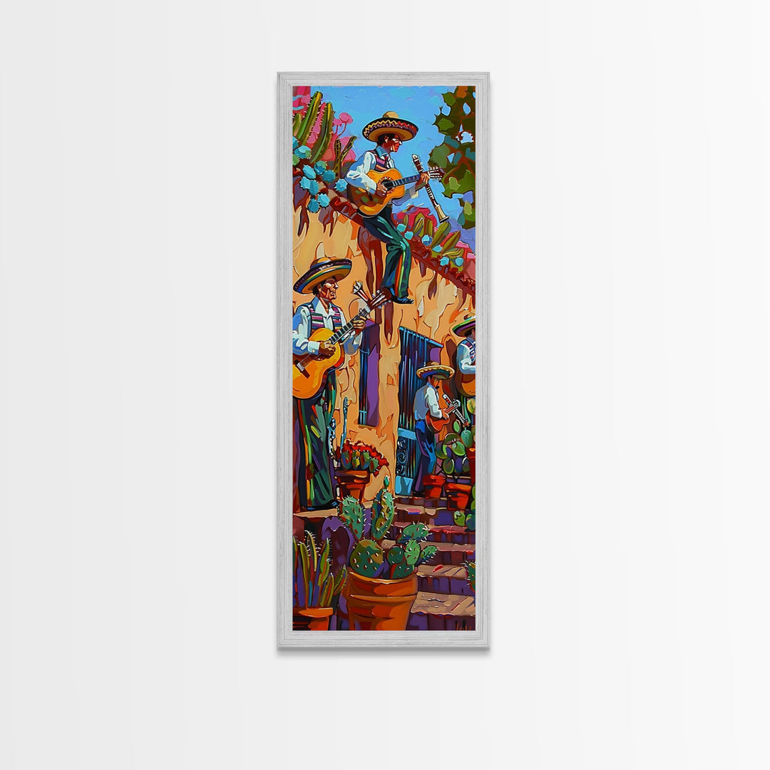 Tall and Narrow Mexican Style Mariachi Band Printed on Framed Canvas, Colorful Botanical Canvas Art, Maximalist Wall Art Print, Spanish Art