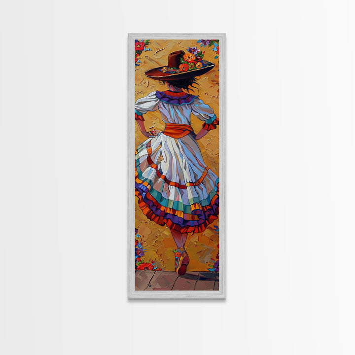 Textured Canvas Painting Print of Mexican Flamenco Dancer, Spanish Framed Art, Rustic Wall Art Print for Living Room, Oversized Vertical Art