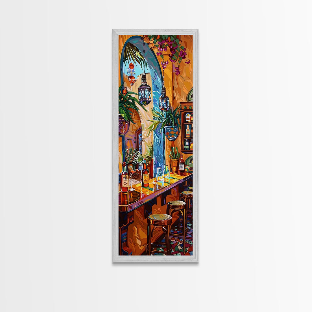 Spanish Inspired Bar Art Canvas Painting Framed, Still Life Art for Kitchen, Abstract Oil Painting, Vertical Framed Wall Art for Kitchen