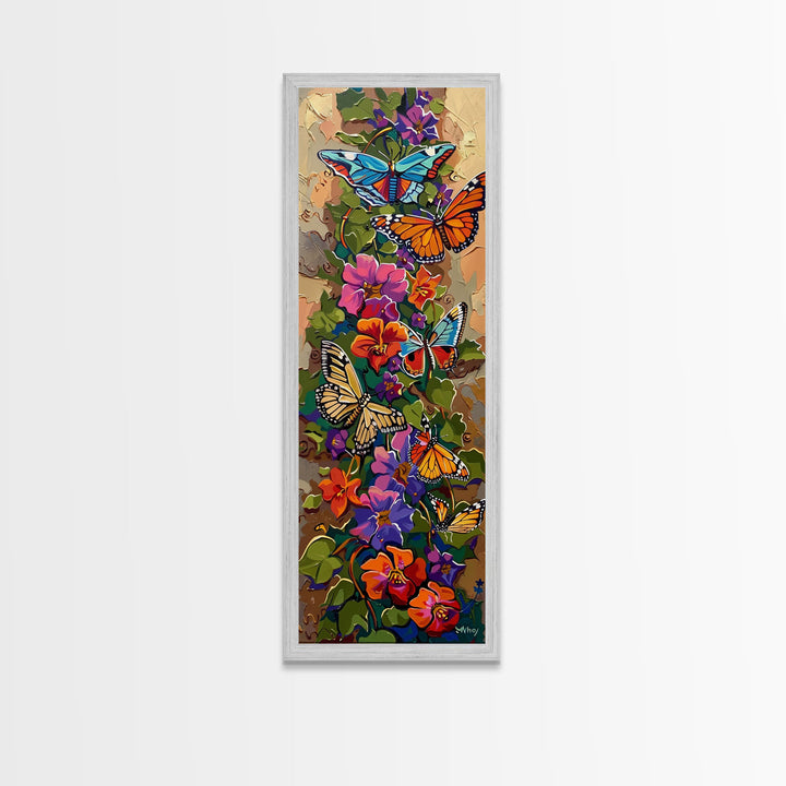 Colorful Abstract Framed Butterfly Canvas Art, Gouache Style Painting, Botanical Wall Art, Oversized Long Narrow Wall Art for Bedroom