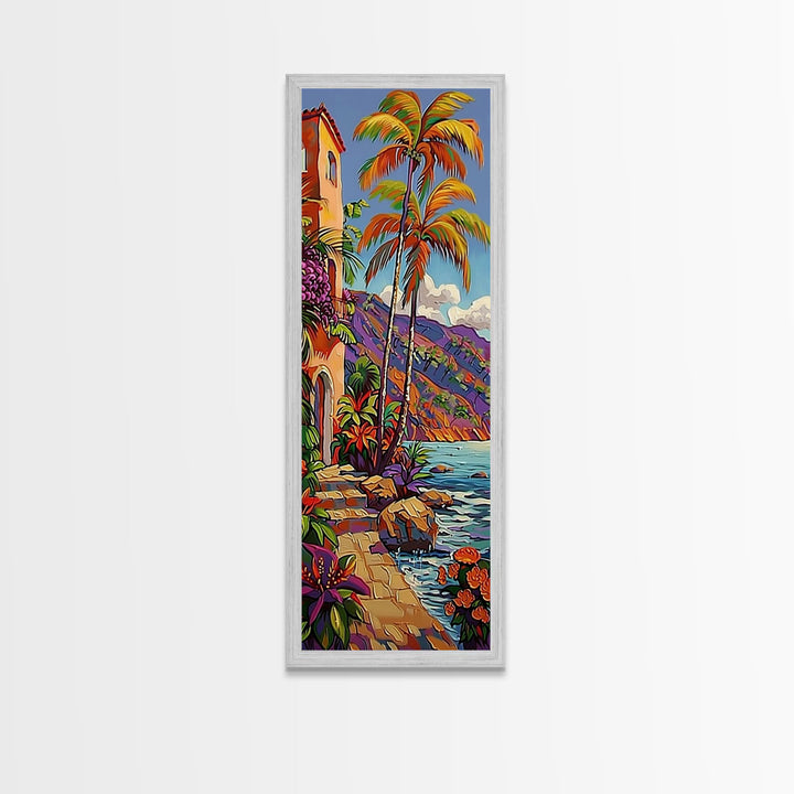 Impasto Painting of Capri Inspired Coast Framed on Canvas, Vertical Tall and Narrow Canvas Painting, Textured Coastal Beach Print, Tropical Art