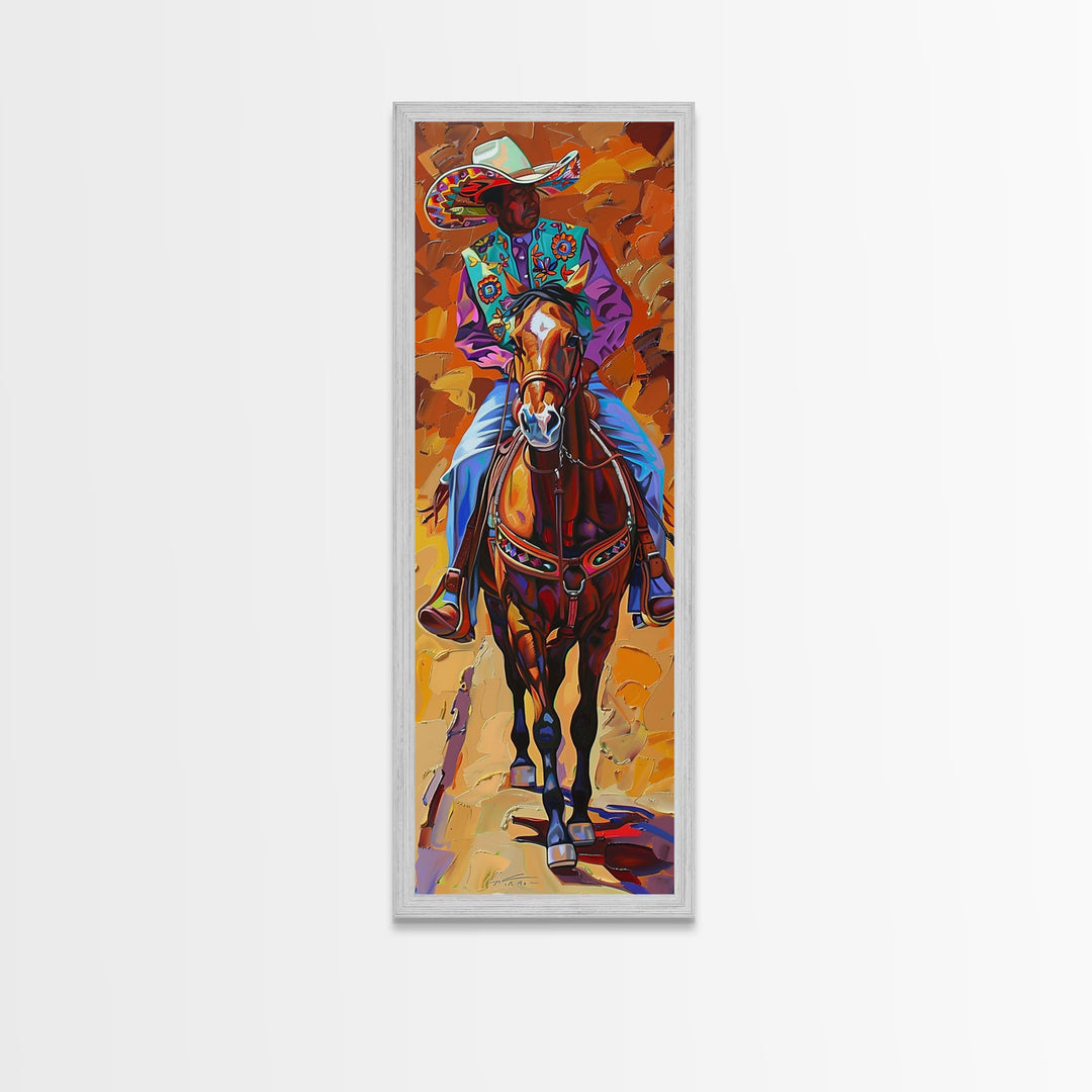 Vertical Acrylic Painting of Colorful Jalisco Cowboy Riding Horse Framed and Printed on Canvas, Mexican Inspired Wall Art for Living Room