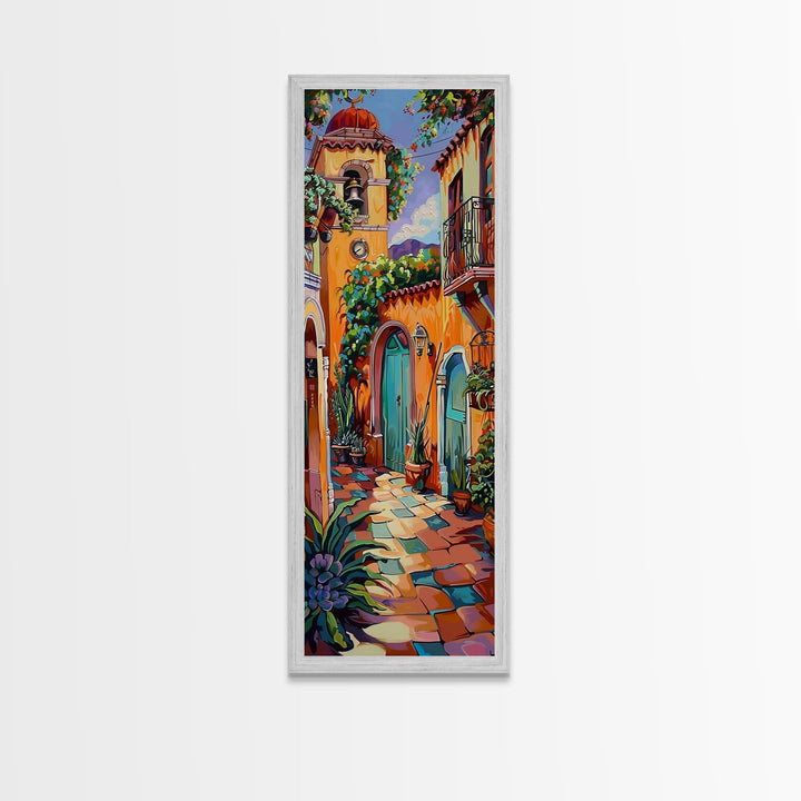 Rustic Colorful Mexican Inspired Hacienda Canvas Painting Framed, Spanish Wall Art Print, Vertical Tall and Narrow Wall Art for Large Space