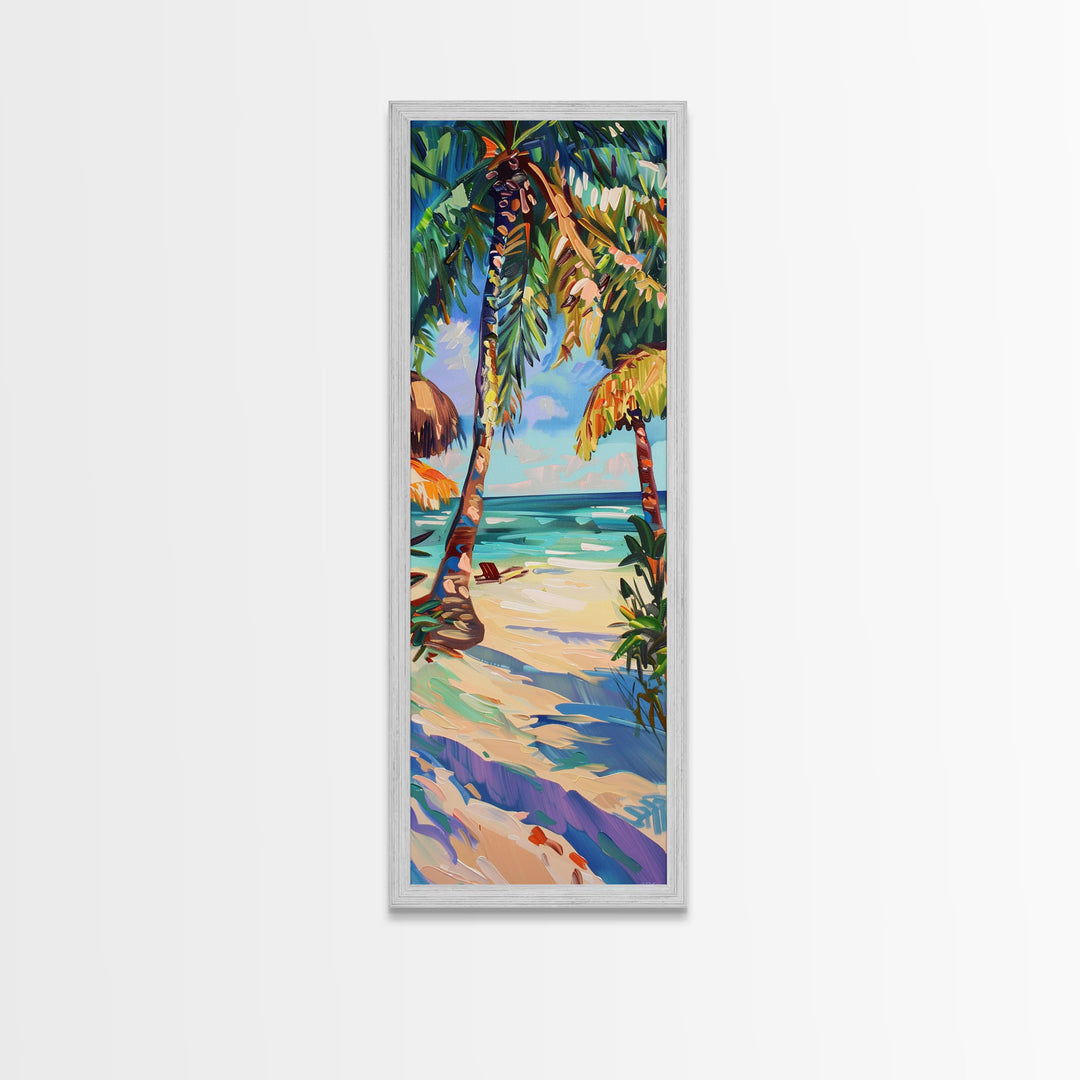 Tropical Wall Art Canvas of Ocean Landscape, Acrylic Gouache Style Canvas Art Framed and Printed, Long and Narrow Modern Abstract Art