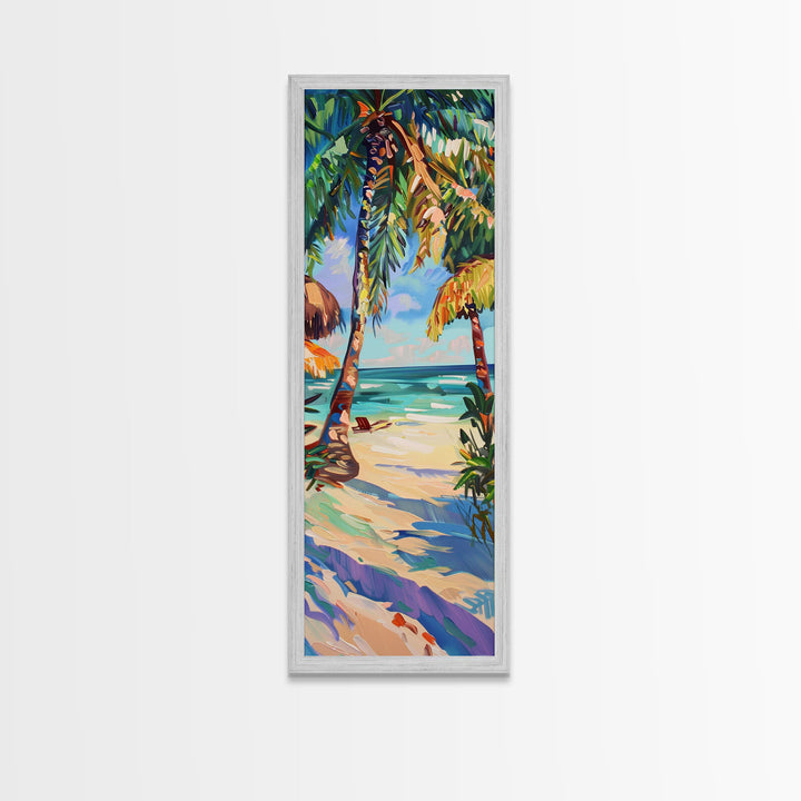 Tropical Wall Art Canvas of Ocean Landscape, Acrylic Gouache Style Canvas Art Framed and Printed, Long and Narrow Modern Abstract Art