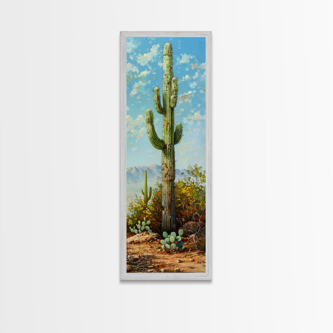 Framed Printed Acrylic Canvas Painting of Saguaro Cactus, Colorful Desert Art Print, Modern Western Wall Art Print, Office Wall Decor