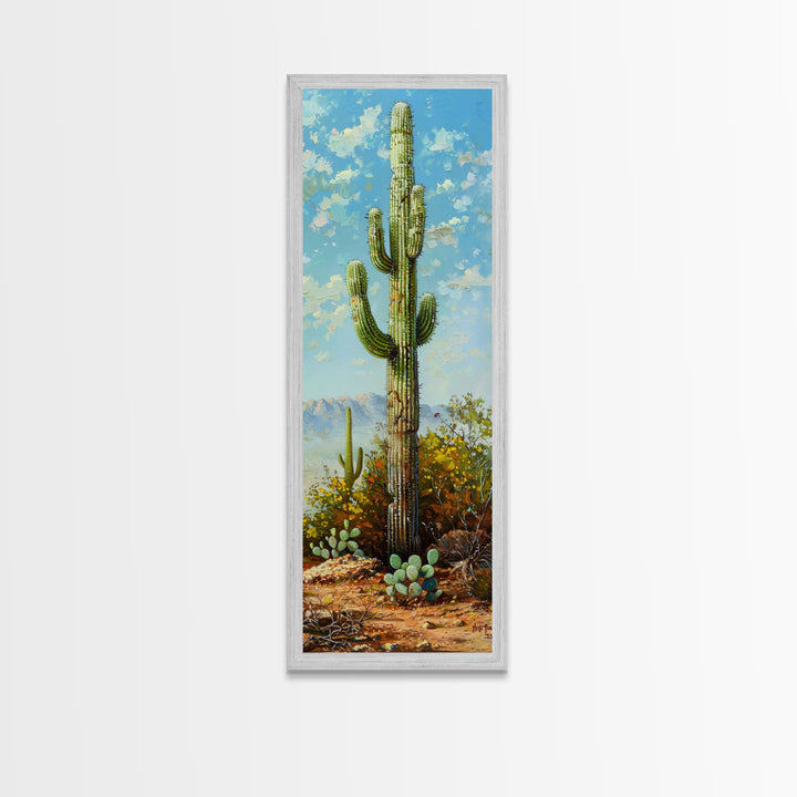 Framed Printed Acrylic Canvas Painting of Saguaro Cactus, Colorful Desert Art Print, Modern Western Wall Art Print, Office Wall Decor